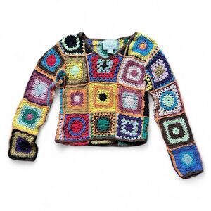 VTG Express Tricot Crochet Patchwork V-Neck Sweater XS 90s Boho Y2K Style